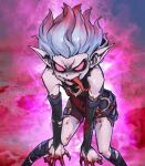  1girl belt black_belt blank_eyes blood blood_on_arm blood_on_chest blood_on_clothes blood_on_hands blood_on_leg blood_on_mouth briar_(league_of_legends) colored_sclera detached_sleeves english_commentary fingernails grey_hair hair_up league_of_legends legs long_tongue looking_at_viewer multicolored_hair no_pupils phantom_ix_row pink_hair pointy_ears red_sclera sharp_fingernails sharp_teeth smile solo standing streaked_hair teeth tongue tongue_out two-tone_hair v-shaped_eyebrows vampire 