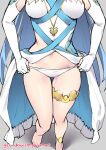  1girl azura_(fire_emblem) barefoot blue_hair breasts clothing_cutout commentary dress elbow_gloves english_commentary fingerless_gloves fire_emblem fire_emblem_fates ge-b gloves grey_background highres jewelry leglet long_hair medium_breasts navel panties pawoo_username pendant removing_panties simple_background solo thighs toes underwear undressing very_long_hair white_dress white_gloves white_panties 