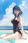  1girl alternate_costume backless_outfit black_one-piece_swimsuit blue_eyes blue_hair breasts byleth_(female)_(fire_emblem) byleth_(fire_emblem) cloud fire_emblem fire_emblem:_three_houses hair_between_eyes highres large_breasts looking_at_viewer medium_hair ocean one-piece_swimsuit outdoors pomelomelon pool sitting sky smile solo swimsuit 