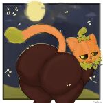  anthro big_butt black_body butt cat_tail food fruit fur green_body green_eyes green_fur halloween hi_res holidays looking_at_viewer looking_back magthender male orange_ears orange_tail outside plant pumkat pumpkin pumpkin_head purring solo tail thick_thighs 