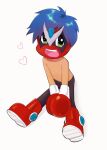  1boy blue_hair blush boots english_commentary gloves green_eyes heart homestar_runner klingklangyaoi light_blue_hair light_blush looking_at_viewer open_mouth red_footwear red_gloves short_hair simple_background sitting solo stinkoman white_background 