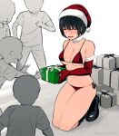  1girl 4boys bare_shoulders bikini black_footwear black_hair blush boots breasts cleavage closed_eyes elbow_gloves fur-trimmed_gloves fur-trimmed_headwear fur_collar fur_trim gift giving gloves highres kemuri_haku kneeling legs_together medium_breasts multiple_boys navel open_mouth original partially_colored red_gloves red_headwear santa_bikini short_hair side-tie_bikini_bottom solo_focus swimsuit 