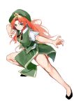  1girl blue_eyes chinese_clothes fighting_stance green_headwear green_jacket green_skirt highres hong_meiling jacket long_hair pocche-ex red_hair serious shirt sketch skirt solo star_(symbol) touhou white_background white_shirt 