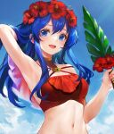  1girl arm_behind_head bikini blue_eyes blue_hair cloud fire_emblem fire_emblem:_the_binding_blade fire_emblem_heroes flower_wreath highres jurge lilina_(fire_emblem) lilina_(summer)_(fire_emblem) long_hair looking_at_viewer open_mouth outdoors palm_leaf red_bikini smile solo swimsuit 