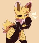  anthro big_breasts big_ears breasts cleavage_cutout clothing eeveelution eyelashes female fishnet fishnet_legwear fur generation_1_pokemon hi_res jolteon legwear leotard long_sleeves nintendo pokemon pokemon_(species) room_eyes short_tail smile smirk solo tail thigh_highs wide_hips yellow_body yellow_fur zeemag 