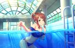  1girl artist_request bikini blue_bikini blush breasts brown_eyes brown_hair collarbone cowboy_shot crescent crescent_hair_ornament game_cg hair_ornament idolmaster idolmaster_cinderella_girls indoors looking_at_viewer mifune_miyu partially_submerged pool pool_ladder poolside solo sunlight swimsuit third-party_source 