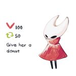  1girl alicezakat arrow_(symbol) arthropod_girl black_eyes blank_eyes cloak commentary english_commentary english_text full_body heart high_collar highres hollow_knight hornet_(hollow_knight) like_and_retweet red_cloak simple_background solo standing white_background 