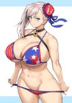  1girl american_flag_bikini bare_shoulders bikini blue_eyes blush bnc_(bunshi) breasts bun_cover choker cleavage collarbone fate/grand_order fate_(series) flag_print hair_bun hair_ribbon highres large_breasts long_hair looking_at_viewer miyamoto_musashi_(fate) miyamoto_musashi_(swimsuit_berserker)_(fate) miyamoto_musashi_(swimsuit_berserker)_(second_ascension)_(fate) navel pink_hair ribbon single_hair_bun single_side_bun smile solo swept_bangs swimsuit thighs 