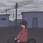  1girl bicycle bicycle_basket black_skirt braid brown_hair closed_eyes closed_mouth commentary_request cowboy_shot expressionless facing_viewer fucca handlebar highres holding long_hair long_sleeves low_twin_braids madotsuki outdoors overcast pink_sweater power_lines print_sweater riding riding_bicycle shack skirt sky solo sweater twin_braids utility_pole village yume_nikki 