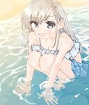  1girl bare_shoulders beach bikini blue_eyes blush braid braided_bangs breasts cleavage collarbone commentary_request earrings frilled_bikini frills full_body grey_hair highres hisakawa_hayate idolmaster idolmaster_cinderella_girls jewelry long_hair looking_at_viewer open_mouth smile solo squatting swimsuit tenoo12 wading water 