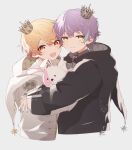  2boys black_jacket blonde_hair crown haruta26m2 highres hood hood_down hooded_jacket hug jacket kamishiro_rui long_sleeves mini_crown multicolored_hair multiple_boys open_mouth project_sekai purple_hair simple_background smile streaked_hair stuffed_animal stuffed_rabbit stuffed_toy tenma_tsukasa white_background white_jacket yellow_eyes 