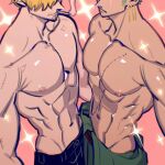  2boys abs absurdres bara blonde_hair cigarette commission from_above green_hair hair_over_one_eye head_out_of_frame highres large_pectorals long_sideburns male_focus multiple_boys muscular muscular_male navel nipples one_piece pectorals roronoa_zoro sanji_(one_piece) short_hair sideburns sideburns_stubble skeb_commission smile sparkle_background stomach tatsu_topi toned toned_male topless_male v-taper 
