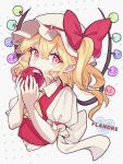  1girl alternate_wings apple ascot blonde_hair character_name cropped_torso flandre_scarlet food frilled_sleeves frills fruit hair_between_eyes hat highres holding holding_food holding_fruit long_hair looking_at_viewer mob_cap nyanaya one_side_up pointy_ears polka_dot polka_dot_background red_eyes red_vest shirt short_sleeves solo touhou upper_body vest white_headwear white_shirt wings yellow_ascot 