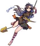 1girl barefoot black_shirt black_skirt breasts closed_mouth commentary full_body grey_eyes grey_hair highres himemushi_momoyo holding holding_pickaxe holding_shovel long_hair looking_at_viewer navel one-hour_drawing_challenge pickaxe ponytail renshirenji shirt shovel simple_background skirt smile solo touhou twitter_username white_background 