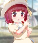  1girl arima_kana beenyan_1203 blunt_bangs bob_cut bow child collared_dress dress female_child frilled_dress frills hat hat_bow highres inverted_bob neck_ribbon oshi_no_ko red_eyes red_hair ribbon solo white_ribbon yellow_dress 