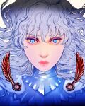  1boy androgynous armor berserk blue_eyes closed_mouth griffith_(berserk) lips long_hair looking_at_viewer nisino2222 portrait shoulder_armor solo wavy_hair white_hair 