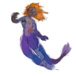  1:1 anthro black_nose blue_body blue_fur blue_tail front_view fur grey_body grey_fur hair hi_res male nude orange_eyes orange_hair oselotti purple_body purple_fur purple_tail signature simple_background solo species_request tail tail_tuft tuft white_background 