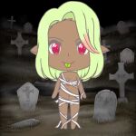  brown_body chibi cute_expression elf etching female female/female halloween_costume halloween_theme happy_halloween human humanoid humanoid_pointy_ears mammal mummie red_eyes solo sunkami tongue yellow_tongue 