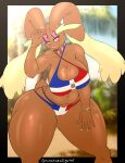  anthro big_breasts big_butt bikini bracelet breasts butt clothing curvy_figure dominican_republic ear_piercing ear_ring eyewear facial_piercing female generation_4_pokemon glasses hi_res jewelry lagomorph leporid looking_at_viewer lopunnina(photolol.03) lopunny mammal necklace nintendo nose_piercing photolol.03 piercing pink_eyes pokemon pokemon_(species) rabbit ring_piercing solo swimwear thick_thighs voluptuous wide_hips 