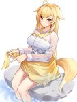  1girl absurdres ahoge animal_ears bare_legs blonde_hair breasts commentary_request crop_top fox_ears fox_girl fox_tail frown highres jeogori_(clothes) jingburger kemonomimi_mode korean_clothes korean_commentary large_breasts long_hair long_sleeves looking_at_viewer open_mouth red_eyes see-through shirt simple_background sitting skirt soaking_feet solo tail very_long_hair virtual_youtuber waktaverse water wet wet_clothes wet_shirt white_background white_shirt yellow_skirt ziro_(zirorong) 