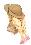  1girl blonde_hair braid brown_headwear brown_shirt cropped_torso facing_away food from_behind hat lim_donghyun long_hair original shirt short_sleeves shrimp shrimp_tempura simple_background solo sun_hat tempura twin_braids upper_body white_background 