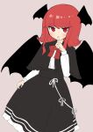  144udy 1girl absurdres bat_wings black_capelet black_dress blunt_bangs blush bow bowtie brooch capelet center_frills cowboy_shot dress finger_to_mouth foul_detective_satori frills grey_background hand_up head_wings highres jewelry koakuma looking_at_viewer medium_hair red_bow red_bowtie red_eyes red_hair shushing simple_background smile solo touhou wings 