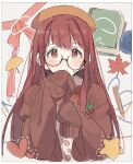  1girl autumn_leaves beret bespectacled blunt_bangs blush book border brown_cardigan brown_eyes brown_hair cardigan covering_mouth crooked_eyewear cropped_torso dot_nose eyelashes ginkgo_leaf glasses hair_intakes hango5da hat heart highres idolmaster idolmaster_million_live! idolmaster_million_live!_theater_days leaf long_hair looking_at_viewer maple_leaf open_cardigan open_clothes pencil red_ribbon ribbon semi-rimless_eyewear shirt sleeves_past_fingers sleeves_past_wrists solo star_(symbol) tanaka_kotoha tareme teardrop-framed_glasses white_border white_shirt yarn yarn_ball 