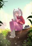  1girl absurdres alice_(nikke) animal_ears blurry blurry_foreground blush bodysuit cloud cloudy_sky commentary day depth_of_field english_commentary eyelashes fake_animal_ears feet full_body ghhoward gloves goddess_of_victory:_nikke grey_hair grey_socks headphones headset highres holding legs legs_together no_shoes open_mouth outdoors pink_bodysuit pink_eyes pink_gloves rabbit red_bodysuit ribbed_socks shoes shoes_removed sitting sitting_on_branch skin_tight sky sneakers socks soles solo thighs toenails toes twintails two-tone_bodysuit white_footwear 