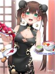  1girl blush breasts brown_hair china_dress chinese_clothes cleavage dress earrings green_eyes hair_ornament hanamori_healthy highres holding indie_virtual_youtuber jewelry long_hair melty+ open_mouth pepushi_drow serving smile solo tray twintails virtual_youtuber 