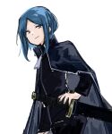  115_koubunshi 1other black_cape black_jacket black_pants blue_eyes blue_hair cape cowboy_shot highres jacket library_of_ruina long_sleeves medium_hair pants project_moon sheath sheathed short_hair sidelocks simple_background solo sword the_bookhunter weapon white_background 