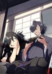  2boys awestruck bangs black_eyes black_hair black_hakama black_kimono commentary crossed_bangs facial_hair fangs fate/grand_order fate_(series) feet_out_of_frame finger_on_trigger grey_hakama grey_kimono gun hair_between_eyes hair_over_one_eye hakama hand_on_own_cheek hand_on_own_face head_rest highres holding holding_gun holding_weapon japanese_clothes katana kimono light_blush looking_at_another looking_at_object low_ponytail male_focus multiple_boys okada_izou_(fate) open_mouth orange_eyes pirohi_(pirohi214) ponytail revolver sakamoto_clan_(emblem) sakamoto_ryouma_(fate) sakamoto_ryouma_(lancer)_(fate) sheath sheathed shouji sitting sliding_doors smile stubble sword symbol-only_commentary tassel teeth upper_teeth_only veranda weapon 