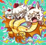  3girls amerika_zarigani animal_ears bags_under_eyes blue_background blush closed_eyes commentary_request cookie_(touhou) dragon extra_heads fangs full_body godzilla_(series) hat highres inu_(cookie) inubashiri_momiji king_ghidorah kuso_inu_(cookie) looking_at_viewer medium_bangs multiple_girls open_mouth pom_pom_(clothes) red_eyes red_headwear short_hair smile star_(symbol) tokin_hat touhou v-shaped_eyebrows web_(cookie) white_hair wolf_ears 