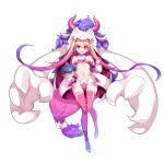  1girl absurdres ark_order behemoth_(ark_order) blonde_hair bra claw_pose gradient_hair gradient_legwear hat highres hood hoodie horns leviathan_(ark_order) long_hair long_sleeves multicolored_hair official_art pink_bra pink_eyes pink_hair pink_thighhighs purple_hair purple_thighhighs shanyao_jiang_tororo simple_background streaked_hair thighhighs two_side_up underwear very_long_hair white_background 