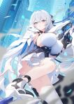  1girl armor black_dress black_gloves blush breasts bronya_zaychik bronya_zaychik_(silverwing:_n-ex) building capelet corset cross cross_earrings detached_sleeves dress earrings gloves grey_eyes grey_hair gun hair_ribbon high_heels highres honkai_(series) honkai_impact_3rd jewelry large_breasts long_hair looking_at_viewer pauldrons ribbon shoulder_armor single_glove skirt skyscraper solo thighs two-tone_dress weapon white_capelet white_dress white_skirt xiujia_yihuizi 