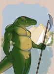  anthro axe balls belly biceps boat corgi_(artist) crocodile crocodilian crocodylid egyptian egyptian_god fangs genitals green_body green_scales half-erect male navel nile nile_crocodile nipples nude palm_tree pecs penis plant pyramid reptile scales scalie small_penis sobek solo tail teeth tree vehicle water watercraft yellow_body yellow_eyes yellow_scales 