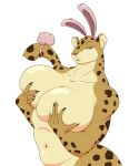  absurd_res anthro arttukorppu big_breasts breasts felid female hi_res holding_breast huge_breasts mammal nude pantherine simple_background spots spotted_body white_background 