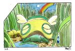  animal_focus border closed_eyes drooling dunsparce grass highres no_humans open_mouth outdoors pokedex_number pokemon pokemon_(creature) puddle rainbow reflection reflective_water risu_ishii signature solo traditional_media water_drop white_border 