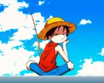 1boy black_eyes black_hair blue_sky cloud cloudy_sky daji1201 day fishing fishing_rod from_behind frown hand_on_own_face hat looking_at_viewer looking_back male_focus monkey_d._luffy one_piece outdoors scar scar_on_face sky solo straw_hat 