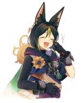  1boy animal_ears black_gloves black_hair black_hoodie black_shirt brooch closed_eyes flower fox_ears genshin_impact gloves happy_tears hood hood_down hoodie jewelry laughing male_focus medal mm_(motot) multicolored_hair open_mouth shirt simple_background smile solo streaked_hair tassel tears tighnari_(genshin_impact) white_background wiping_tears yellow_flower 