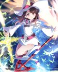  1girl boots brown_hair floating glowing glowing_weapon hat kagari_atsuko knee_boots little_witch_academia long_hair long_sleeves looking_at_viewer red_eyes smile solo thighs tsuezu weapon white_footwear wide_sleeves witch_hat 