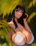  1girl alternate_breast_size alternate_costume bare_shoulders bikini black_hair breasts cleavage closed_mouth collarbone day green_eyes hand_up highres huge_breasts long_hair looking_at_viewer nico_robin one_piece one_piece_treasure_cruise outdoors palms playing_with_own_hair shiny_skin solo sunlight swimsuit upper_body vivian_opart white_bikini 