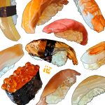  fish_(food) food food_focus ikura_(food) leaf no_humans original realistic rice salmon shrimp studiolg sushi white_background 