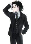  1boy alternate_costume alternate_hairstyle feitan_portor formal hair_slicked_back hand_in_pocket hand_on_own_head highres hunter_x_hunter male_focus necktie purple_eyes shiroabe simple_background solo suit white_background 