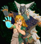  2023 5_fingers anthro clothing cybernetic_arm cybernetic_limb digital_media_(artwork) duo fingers glowing green_background hi_res humanoid hylian kuramichan link male nintendo rauru_(tears_of_the_kingdom) simple_background the_legend_of_zelda topwear zonai 