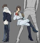  1boy black_footwear black_jacket black_pants blue_eyes boots brown_hair chain facing_away final_fantasy final_fantasy_viii fur-trimmed_jacket fur_trim hand_on_own_face high_heel_boots high_heels jacket knee_boots long_sleeves male_focus military_uniform nini_tw99 pants scar scar_on_face seed_uniform_(ff8) serious shirt short_hair simple_background sitting squall_leonhart topless_male uniform white_pants white_shirt 