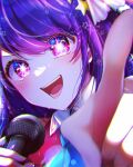  1girl ascot blue_ascot blue_eyes blurry blush chromatic_aberration close-up collared_dress depth_of_field dress hair_between_eyes hair_ornament highres holding holding_microphone hoshino_ai_(oshi_no_ko) idol idol_clothes long_hair looking_at_viewer mameko_(mamemame81) microphone multicolored_eyes music open_mouth oshi_no_ko pink_eyes pointing purple_hair sidelocks singing sleeveless sleeveless_dress solo sparkle star_(symbol) star_hair_ornament sweat teeth 
