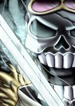  1boy acpuig afro black_hair brook_(one_piece) eyewear_on_head eyewear_removed highres looking_at_viewer male_focus one_piece open_mouth skeleton solo solo_focus sunglasses sword teeth weapon 