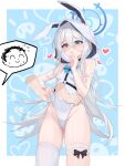  1boy 1girl absurdres animal_ears animal_hood blue_eyes blue_halo breasts fake_animal_ears grey_hair hair_between_eyes halo heart highres hood long_hair open_mouth original pov pov_hands rabbit_ears single_thighhigh small_breasts thigh_strap thighhighs white_thighhighs yume_(454565427) 