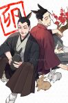  2boys :3 absurdres animal_ears beard black_eyes black_robe blue_eyes branch character_request dilated_pupils facial_hair flower golden_kamuy highres inkan kisaragireki male_focus multiple_boys open_mouth rabbit rabbit_ears red_flower red_robe robe simple_background white_background 