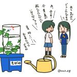  2girls blue_pants blue_shirt blue_shorts blush_stickers commentary_request full_body green_hair kantai_collection mikuma_(kancolle) mogami_(kancolle) multiple_girls nao_(nao_eg) official_alternate_costume pants plant potted_plant shirt short_hair shorts simple_background smile solo standing swept_bangs t-shirt translation_request twitter_username watering_can white_background white_shirt |_| 